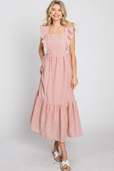 Peach Striped Ruffle Accent Pinafore Midi Dress