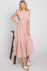 Peach Striped Ruffle Accent Pinafore Midi Dress