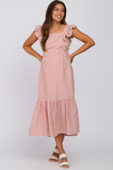 Peach Striped Ruffle Accent Pinafore Maternity Midi Dress