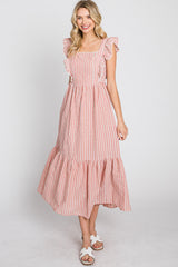 Peach Striped Ruffle Accent Pinafore Midi Dress