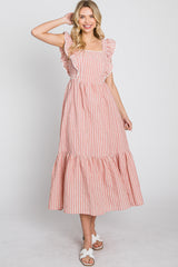 Peach Striped Ruffle Accent Pinafore Midi Dress