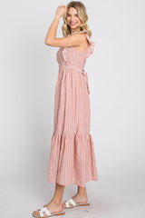 Peach Striped Ruffle Accent Pinafore Midi Dress