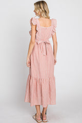 Peach Striped Ruffle Accent Pinafore Midi Dress