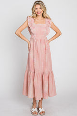 Peach Striped Ruffle Accent Pinafore Midi Dress