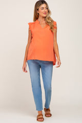 Orange Ruffle Accent Split Neck Maternity Blouse