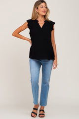 Black Ruffle Accent Split Neck Maternity Blouse