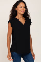 Black Ruffle Accent Split Neck Blouse