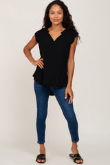 Black Ruffle Accent Split Neck Blouse