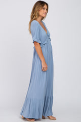 Light Blue Solid Ruffle Maxi Dress