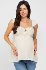 Ivory Plaid Pattern Sweetheart Neck Front Tie Maternity Top