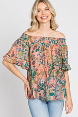 Coral Floral Smocked Off Shoulder Top