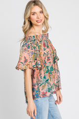 Coral Floral Smocked Off Shoulder Top