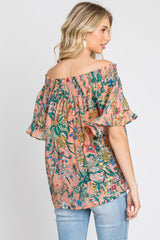 Coral Floral Smocked Off Shoulder Top