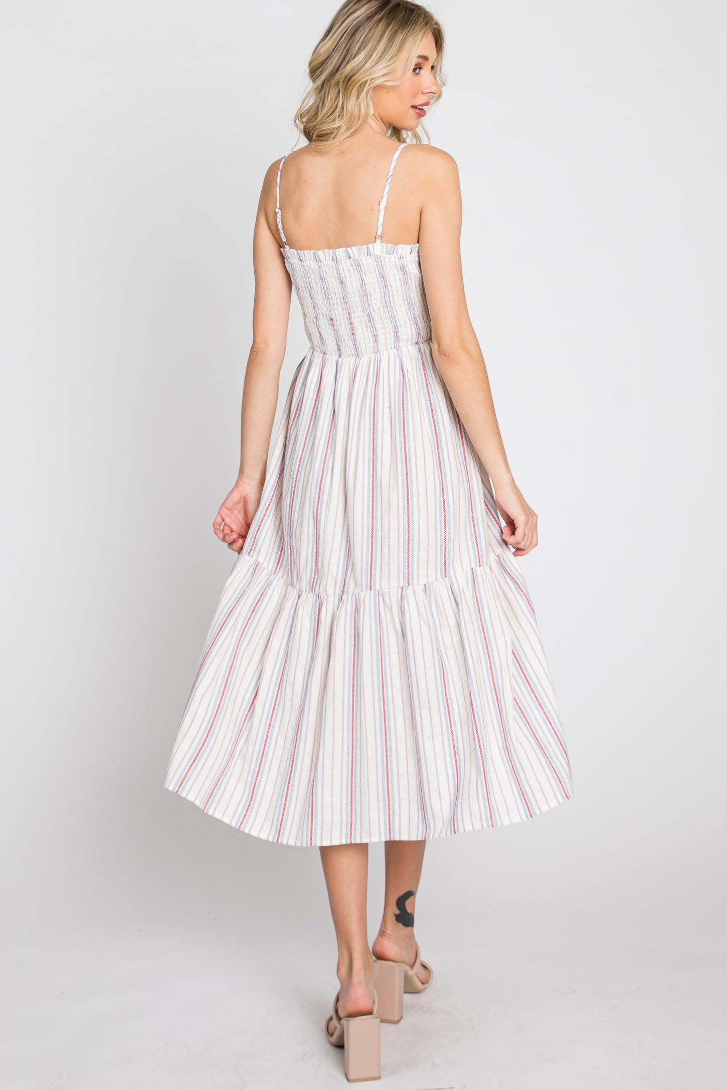 Red Striped Smocked Square Neck Midi Dress