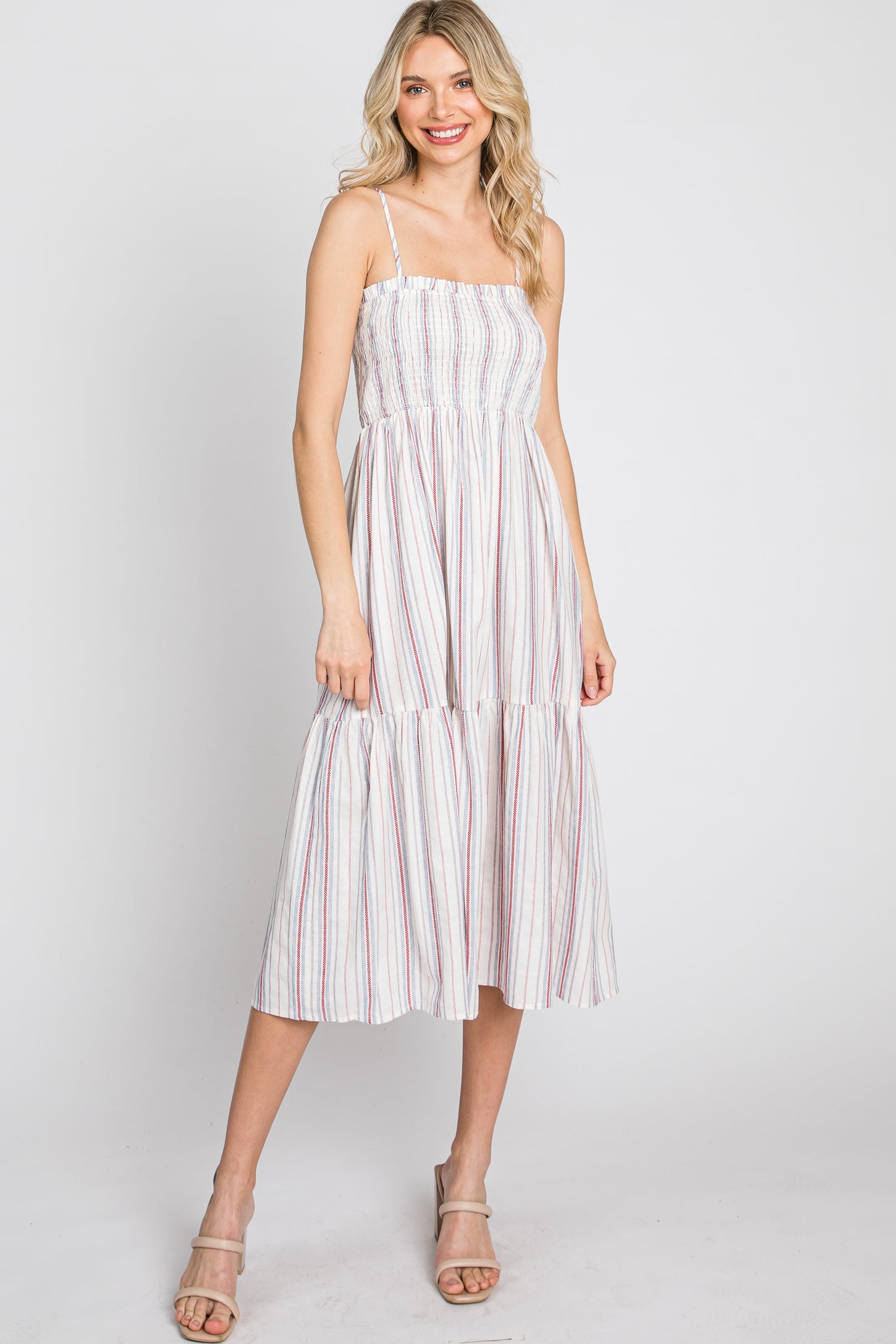 Red Striped Smocked Square Neck Midi Dress
