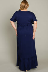 Navy Solid Ruffle Plus Maxi Dress