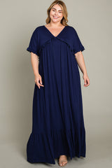 Navy Solid Ruffle Plus Maxi Dress