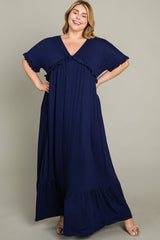 Navy Solid Ruffle Plus Maxi Dress