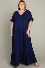 Navy Solid Ruffle Plus Maxi Dress