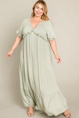 Light Olive Solid Ruffle Plus Maxi Dress