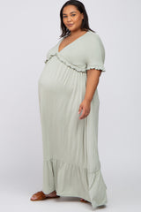 Light Olive Solid Ruffle Maternity Plus Maxi Dress