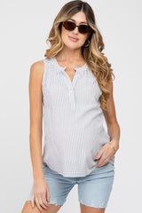 Blue Striped Button Front Sleeveless Maternity Blouse