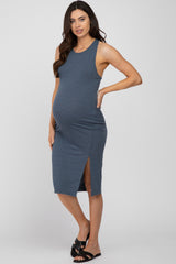 Blue Ribbed Cross Back Maternity Midi Dress