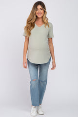 Sage V-Neck Maternity Short Sleeve Round Hem Top