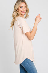 Peach V-Neck Short Sleeve Round Hem Top