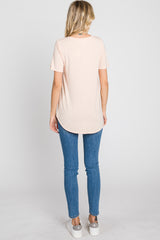 Peach V-Neck Short Sleeve Round Hem Top