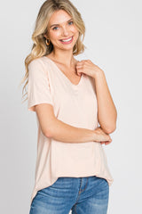 Peach V-Neck Short Sleeve Round Hem Top