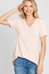 Peach V-Neck Short Sleeve Round Hem Top