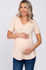 Peach V-Neck Maternity Short Sleeve Round Hem Top