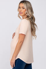 Peach V-Neck Maternity Short Sleeve Round Hem Top