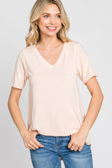 Peach V-Neck Short Sleeve Round Hem Top