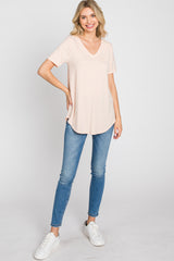 Peach V-Neck Short Sleeve Round Hem Top