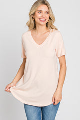 Peach V-Neck Short Sleeve Round Hem Top