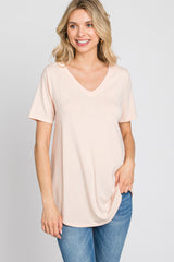 Peach V-Neck Short Sleeve Round Hem Top