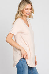 Peach V-Neck Short Sleeve Round Hem Top