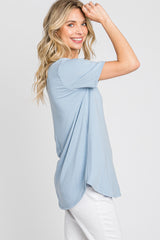 Blue V-Neck Short Sleeve Round Hem Top