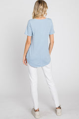 Blue V-Neck Short Sleeve Round Hem Top