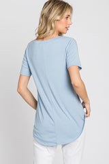 Blue V-Neck Short Sleeve Round Hem Top