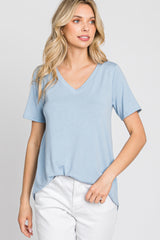 Blue V-Neck Short Sleeve Round Hem Top