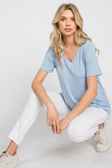 Blue V-Neck Short Sleeve Round Hem Top