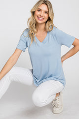 Blue V-Neck Short Sleeve Round Hem Top