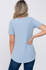 Blue V-Neck Maternity Short Sleeve Round Hem Top