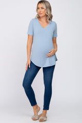 Blue V-Neck Maternity Short Sleeve Round Hem Top