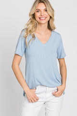 Blue V-Neck Maternity Short Sleeve Round Hem Top