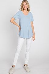 Blue V-Neck Short Sleeve Round Hem Top