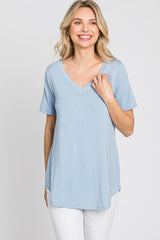 Blue V-Neck Short Sleeve Round Hem Top